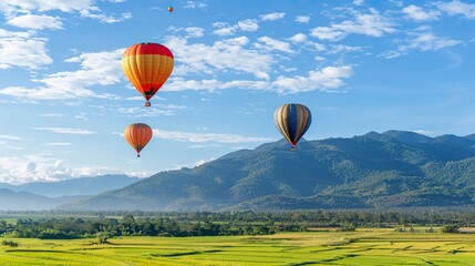 Obraz premium colorful hot air balloons soaring over lush green rice fields in mountainous terrain, set against a backdrop of a blue sky adorned with fluffy clouds, symbolizing adventure and travel.