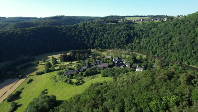 Aerial Panorama of Frahan, Belgian Ardennes: A Serene River Valley in Summer