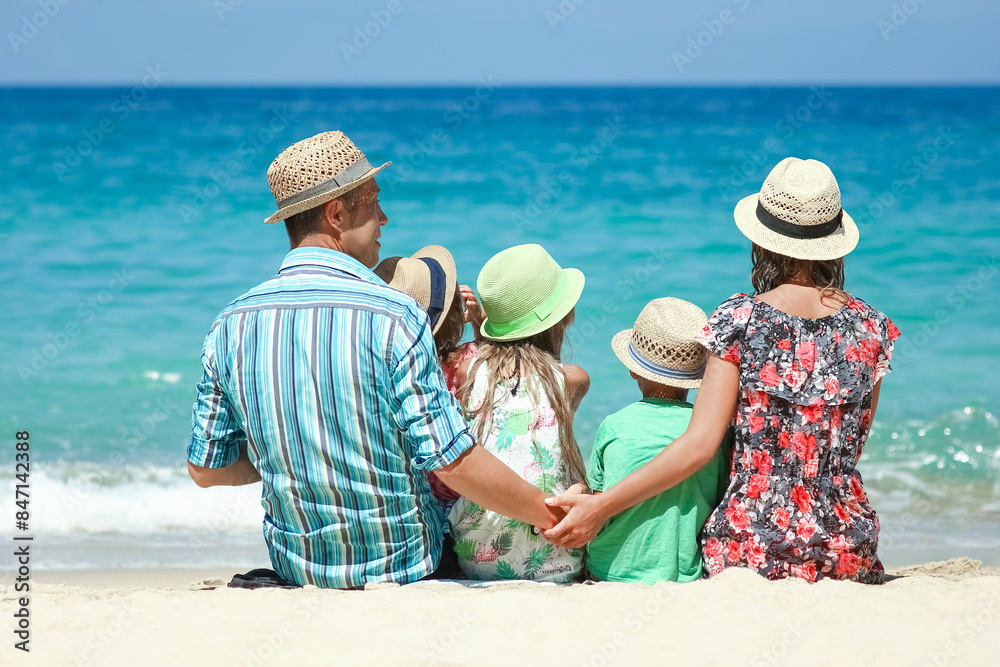 Poster A Happy family with children on the coast of the sea travel