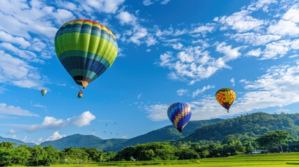 Obraz premium colorful hot air balloons soaring over lush green rice fields in mountainous terrain, set against a backdrop of a blue sky adorned with fluffy clouds, symbolizing adventure and travel.