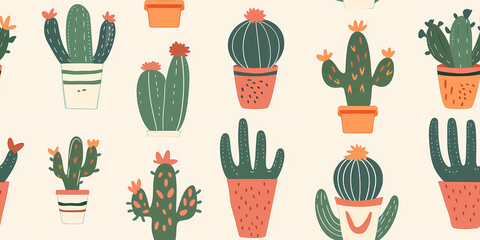 Cute cacti growing in pots seamless pattern featuring different types of cacti