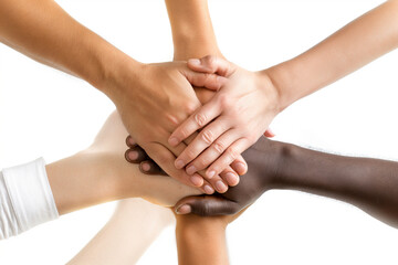A multi-ethnic group of hands stacked together, representing teamwork, unity, and partnership in a business or community setting.