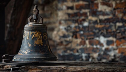 Obraz premium Old antique rusted metal bell marked with 1778, displayed against a weathered brick wall background.