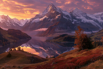 Naklejka premium A breathtaking evening panoramascene captures a picturesque autumn sunset in the beauty of nature.