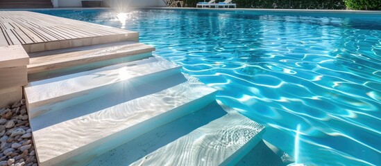 Inviting fiberglass swimming pool entrance step with crystal-clear blue water on a sunny summer day in a resort spa area. Teak or larch board deck adds a touch of elegance.