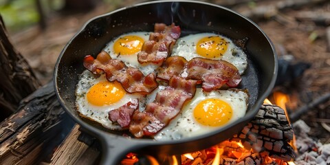 Cooking Bacon and Eggs in a Cast Iron Skillet Over a Campfire in the Forest. Concept Outdoor Cooking, Campfire Recipes, Cast Iron Skillet, Bacon and Eggs, Forest Adventure