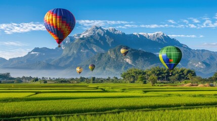 Obraz premium colorful hot air balloons soaring over lush green rice fields in mountainous terrain, set against a backdrop of a blue sky adorned with fluffy clouds, symbolizing adventure and travel.