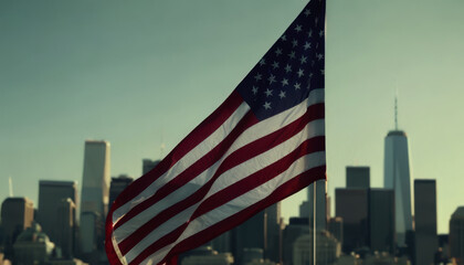 Naklejka premium Labor Day in the USA, Independence Day in the USA, holiday in the USA. the US flag on the background of the city. The American flag