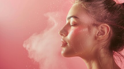 A woman with her eyes closed inhales a fine pink mist in front of a pink background.