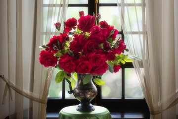 Still life with bouquet of red roses
