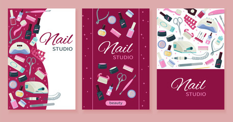 Beautiful set of nails card, flyer, certificate, banner. Frame with manicure tools kit. Vector template design. Social media post, concept for nail studio, salon background. Flat vector illustration