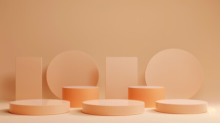 Five Minimalist Light Orange Toned Round Podiums for Product Presentation on Empty Background. Ideal for E-commerce and Advertising Displays, Showcasing Minimalist Style and Elegance