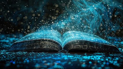 Modern Digital Book for Learning in Futuristic Style, A sleek, digital book interface with interactive elements for learning, set in a futuristic style with holographic effects.