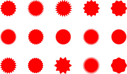 Starburst red sticker set. Star burst price icon.  Promo stickers with star edges. Star burst price icon. Round sale tag badge. Circle sale buttons. Sunburst label isolated on white background. Vector