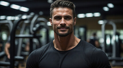 Obraz premium A blond guy in black T-shirt smiling in a gym. Training services, fitness coaching, gym employee staff, body wellness, physical well-being, active lifestyle.