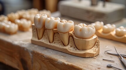 Laboratory dental model with two different ceramic crowns placed next to the laboratory table.