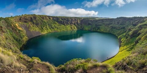 Fototapeta premium The volcanic crater forms a round turquoise lake amidst stunning scenery.