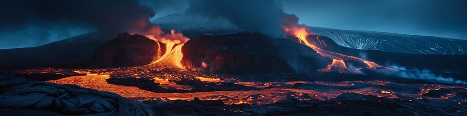 Volcano erupts with glowing lava and flames, smoke and heat fill the night. Nature's fiery spectacle.