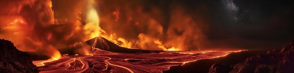 Naklejka premium Volcano erupts, spewing lava and flames. Glowing crater lights up the night, a fiery natural disaster.