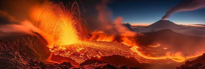 Fototapeta premium Explosive volcano eruption with smoke, lava, and hot flames, howcase nature's power.
