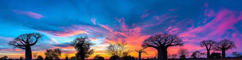 Fototapeta premium The radiant sunset paints the sky in vivid hues, creating a breathtaking evening view in the African savannah.