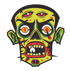 Colorful zombie head illustration horror themed design. Cartoon green zombie face yellow eyes red stitches vector graphic. Creepy undead head drawing Halloween isolated white background