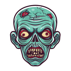 Zombie head illustration featuring detailed undead creature design. Greenskinned zombie face exposed teeth redeyed stare isolated white. Horrorthemed graphic showing decaying cracks wounds