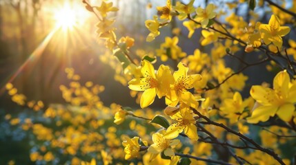 Bright yellow flowers in full bloom during a sunny spring day