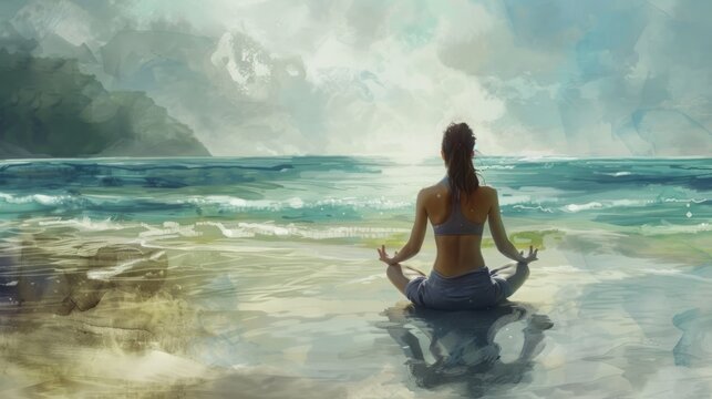 A woman is sitting cross-legged on the sand in a meditative pose, facing the ocean.