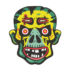 Vibrant zombie head design, featuring greenyellow skull red eyes open mouth. Horror pop art style undead illustration, perfect Halloween themes. Colorful zombie art isolated white background, spooky