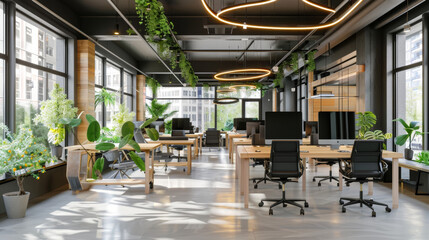 Naklejka premium modern office with plants and large windows