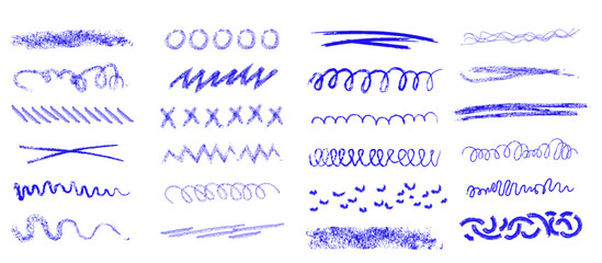 Collection of blue scribbles, sketches, and abstract lines on white background