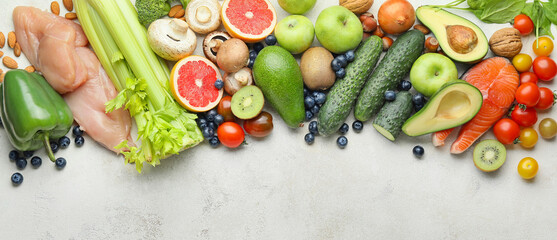 Healthy products on grey background