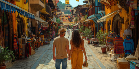 Obraz premium A couple strolls through the historic streets of an old European town, enjoying their romantic vacation.