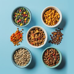 Dry Pet Food Set, Cat Diet, Puppy Food Brown Pieces, Dog Meal in Bowls, Pet Dinner Crackers