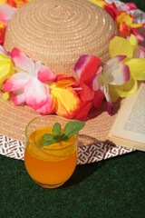 Detail of pamela with flowers on the lawn next to a book and a fresh orange drink, summer, vacation, free time, reading, vertical