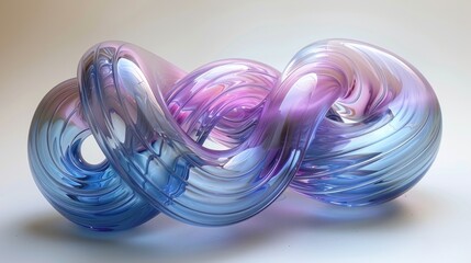 Sculpture of glass in the shape of a knot, with a purple and blue color gradient, on a white background,