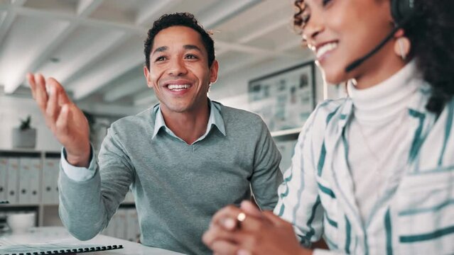 Businessman, call center and coaching with intern for help, customer service or support at office. Young man training female person, agent or junior consultant on computer for job or online advice