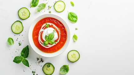 An artistic illustration of a bowl of tomato soup with cucumbers and sour cream, placed on a blue rectangle background, surrounded by electronic devices and automotive lighting AIG50