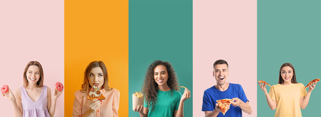 Collection of young people with tasty fast food on color background