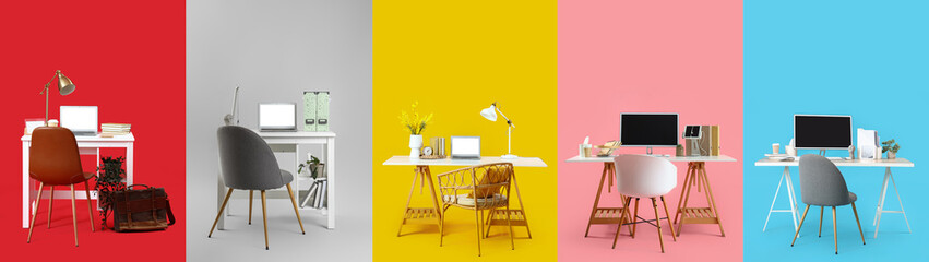 Collage of stylish workplaces on color background