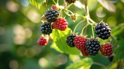 Ripe blackberries growing in the garden or forest