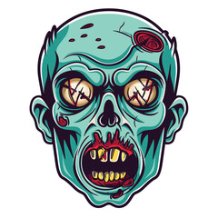 Zombie head illustration depicting horror theme. Greenskinned undead face exposed brain, yellowed teeth, red eyes. Cartoonish design zombie Halloween graphics