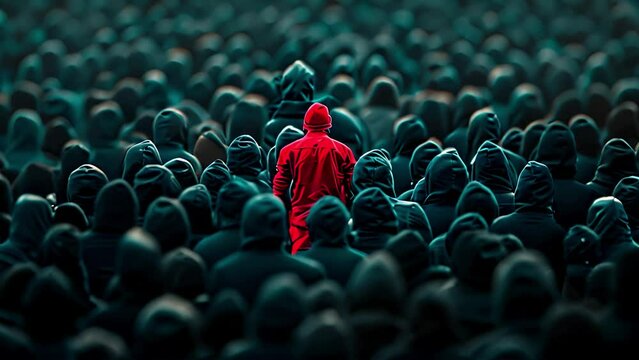 Red individual in the crowd, individuality concept. Abstract animation of distinctive red figure among thousands of black figures. Standing out of the crowd. Different people,leadership concept design