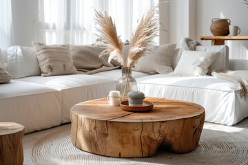 White sofa paired with a round wooden coffee table