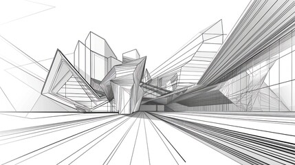 Obraz premium Modern abstract urban line drawing background with 3D illustration of architecture building in abstract expressionist style