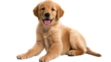 A small golden retriever puppy is sitting on a transparent background.