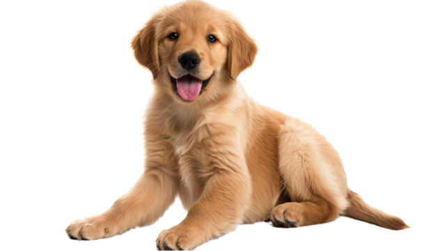 A small golden retriever puppy is sitting on a transparent background.