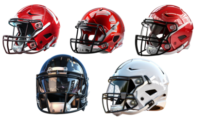 A collection of football helmets, including a black and white helmet