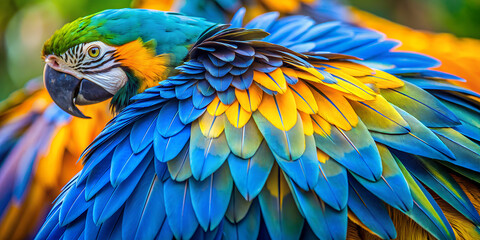 Obraz premium Close-Up of Vibrant Blue and Gold Macaw Feathers